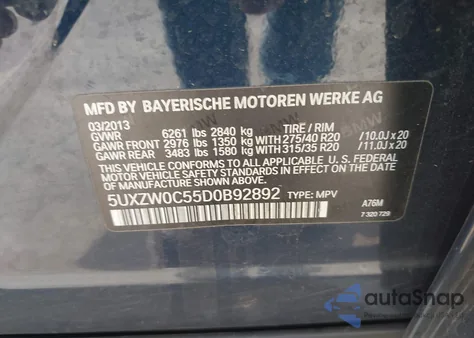 2013 BMW X5 xDrive35D from USA, damaged, VIN 5UXZW0C55D0B92892